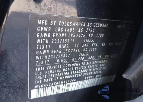 2014 Volkswagen Tiguan Se from USA, damaged, VIN WVGAV3AX0EW511744
